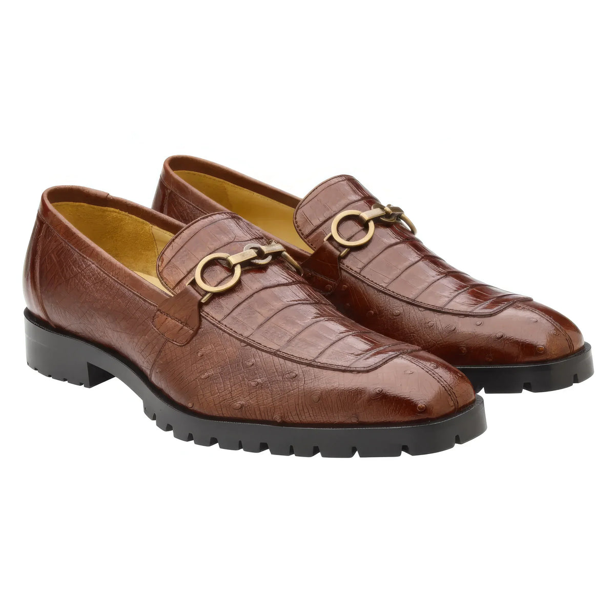 Belvedere - Corso, Genuine Caiman And Ostrich Quill Dress Shoe in walnut, featuring brown textured Caiman leather, a gold-tone horsebit detail, and a thick, black lugged rubber sole.