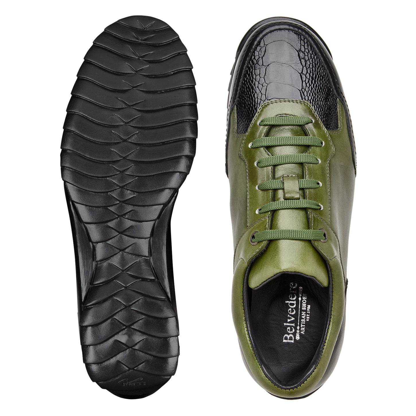 The BELVEDERE Corvo (Black/Olive, Y36) is a low-top sneaker crafted from genuine ostrich and soft Italian leather, featuring a textured sole and cushion insole, shown in side view.