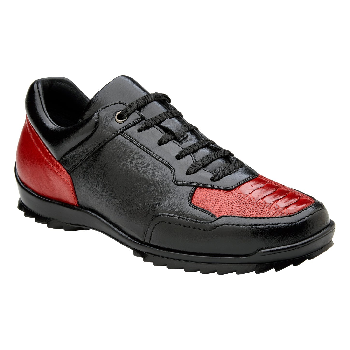 The BELVEDERE Corvo (Y36) shoe, crafted from genuine ostrich and soft Italian leather in black/red, features a lace-up design, cushioned insole, and textured sole, displayed side profile on a white background.