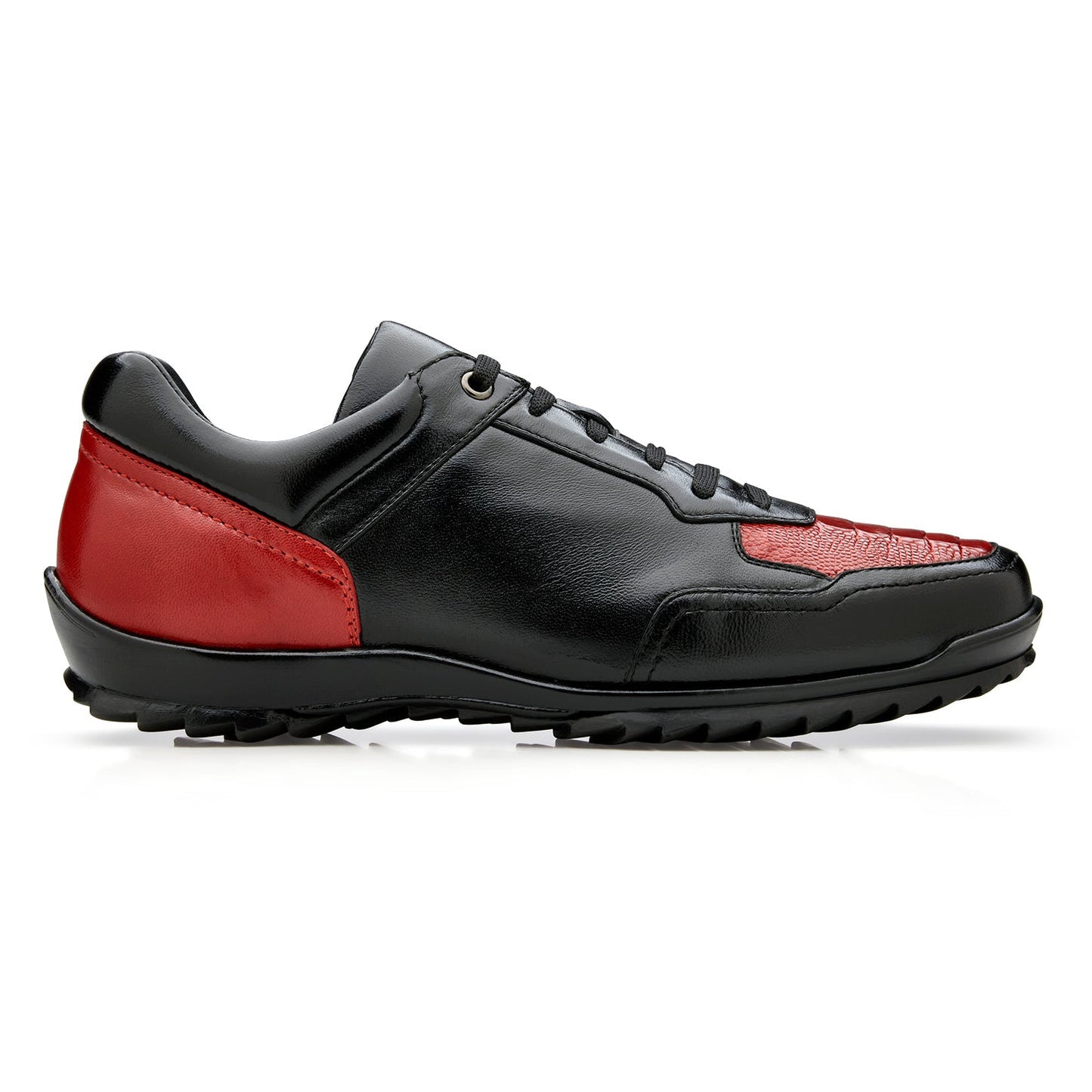 The BELVEDERE Corvo (Y36) shoe, crafted from genuine ostrich and soft Italian leather in black/red, features a lace-up design, cushioned insole, and textured sole, displayed side profile on a white background.