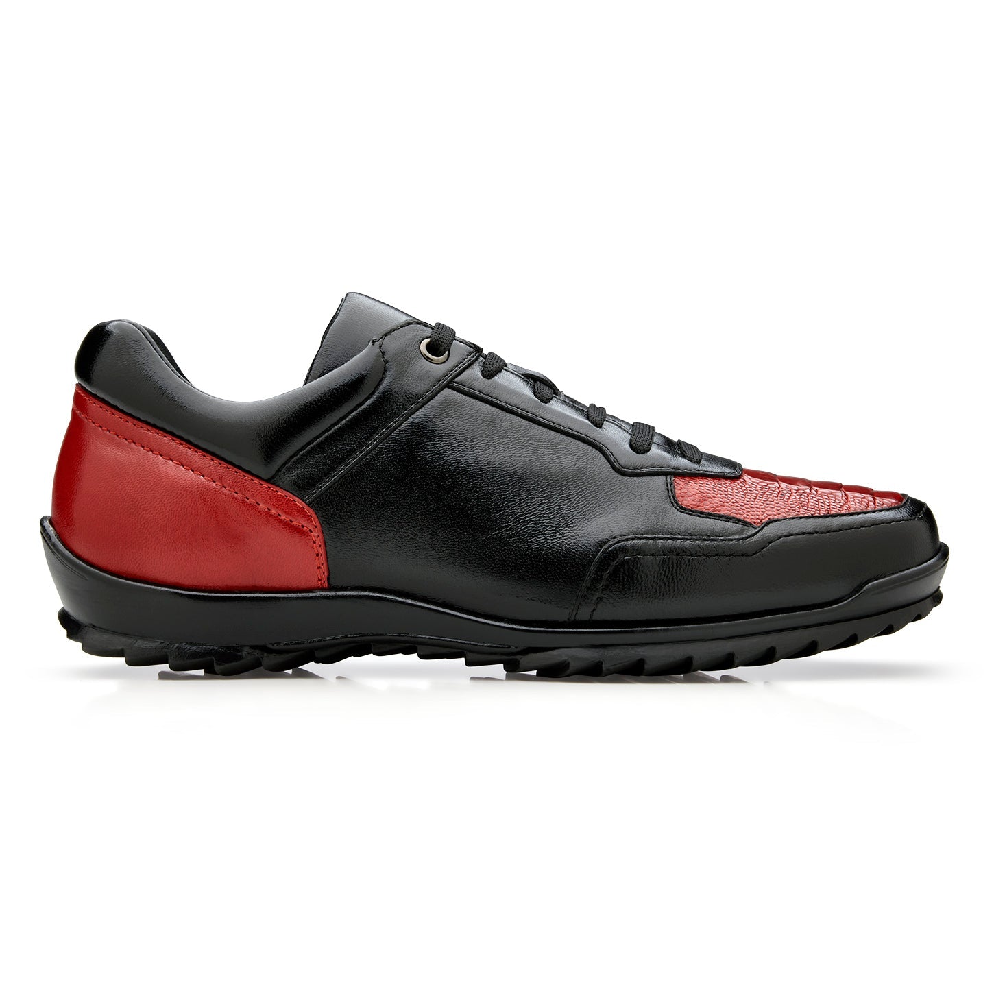 The BELVEDERE Corvo (Y36) shoe, crafted from genuine ostrich and soft Italian leather in black/red, features a lace-up design, cushioned insole, and textured sole, displayed side profile on a white background.