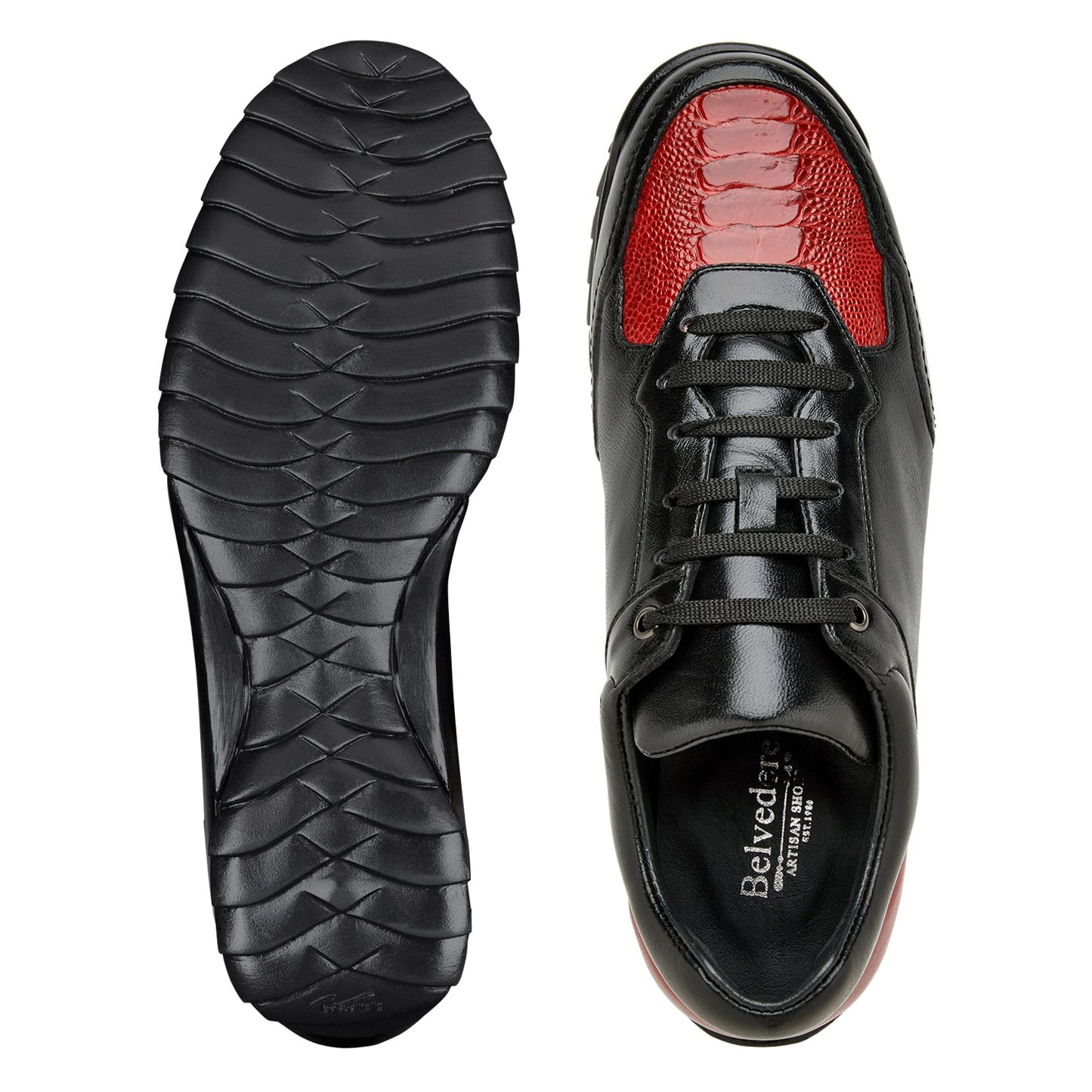 The BELVEDERE Corvo (Y36) shoe, crafted from genuine ostrich and soft Italian leather in black/red, features a lace-up design, cushioned insole, and textured sole, displayed side profile on a white background.
