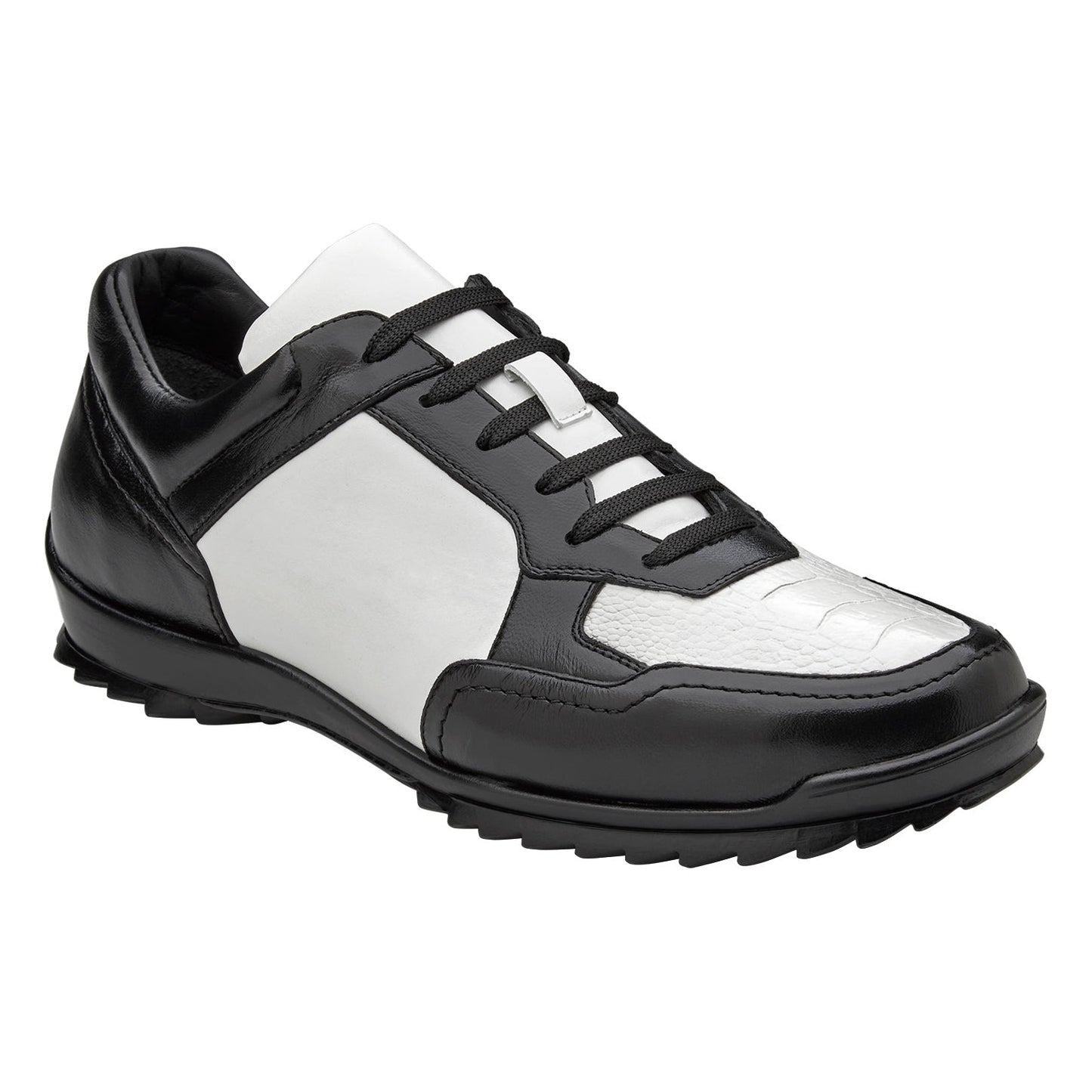 The BELVEDERE Corvo Y36 is a black and white low-top lace-up sneaker in genuine ostrich and soft Italian leather, shown from the side on a white background.