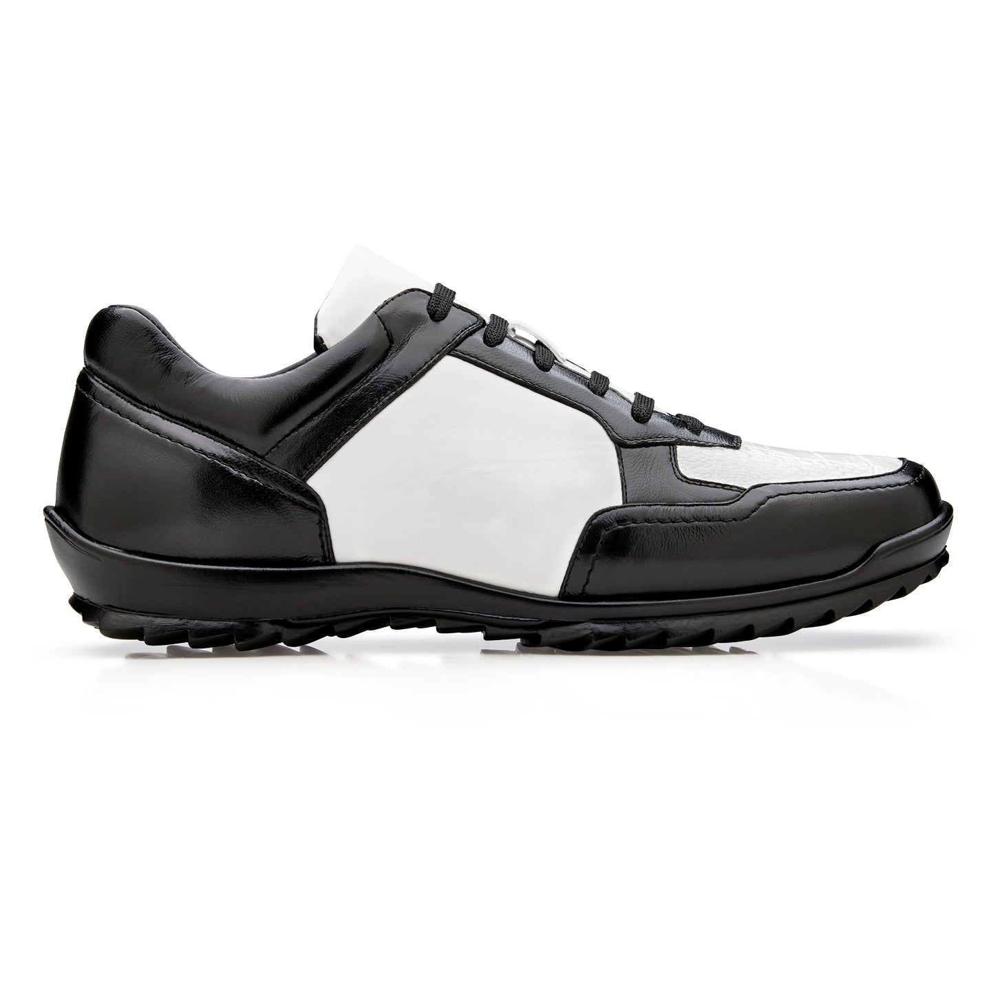 The BELVEDERE Corvo Y36 is a black and white low-top lace-up sneaker in genuine ostrich and soft Italian leather, shown from the side on a white background.