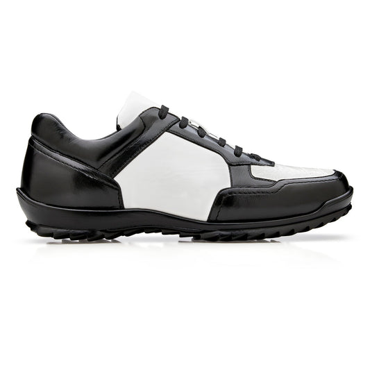 The BELVEDERE Corvo Y36 is a black and white low-top lace-up sneaker in genuine ostrich and soft Italian leather, shown from the side on a white background.