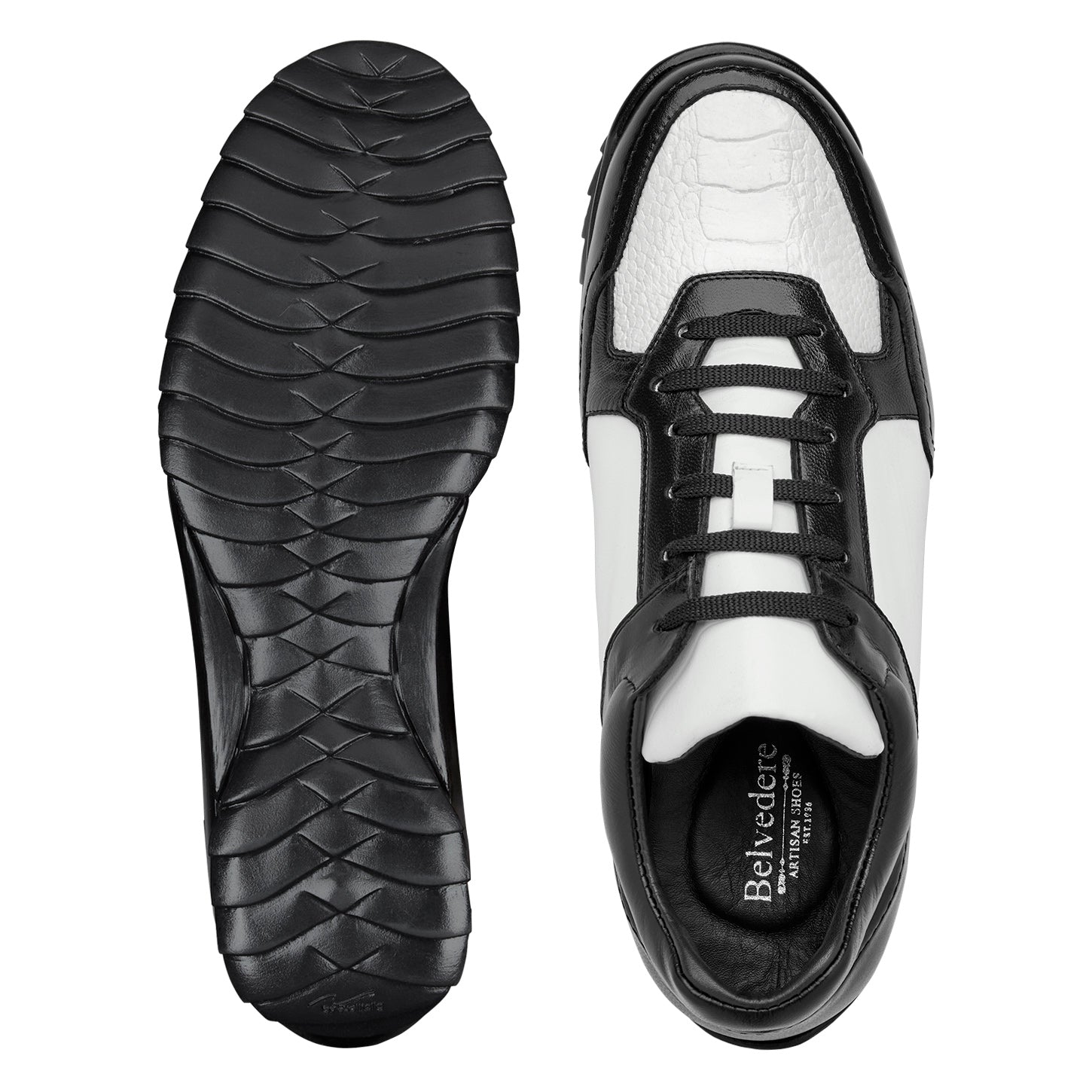 The BELVEDERE Corvo Y36 is a black and white low-top lace-up sneaker in genuine ostrich and soft Italian leather, shown from the side on a white background.