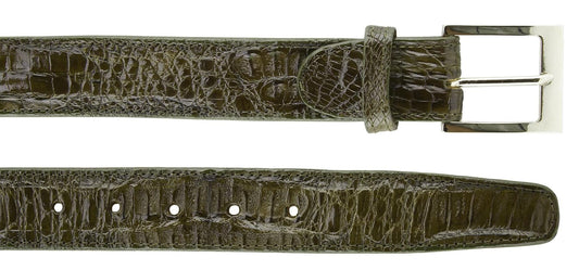 The BELVEDERE Belvedere Caiman Belt Olive 1999 is a size 44 adjustable green caiman leather belt with a silver rectangular buckle, textured pattern, and multiple adjustment holes.