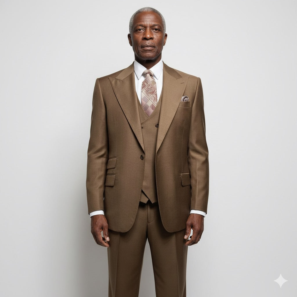 In a concrete-walled room, a mannequin is attired in a Tiglio Rosso Orvietto Solid Tobacco single-pleat three-piece suit paired with a patterned tie.