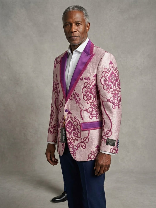 A man wears the EJ SAMUEL JACKET 7 (L,XL,3XL,4XL); tags indicate “final sale—no returns or exchanges.”.