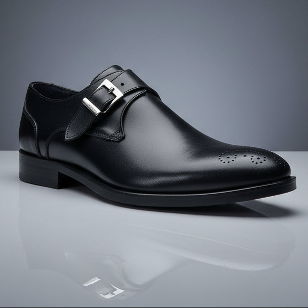 Firmani Siena Burgundy Italian Made Black Shoes (FINAL SALE) Clearance by Firmani—crafted from black leather, these dress shoes feature a single silver buckle, subtle perforation detail on the toe, and a low heel, shown against a neutral background. Please note: final sale; no exchange or return.
