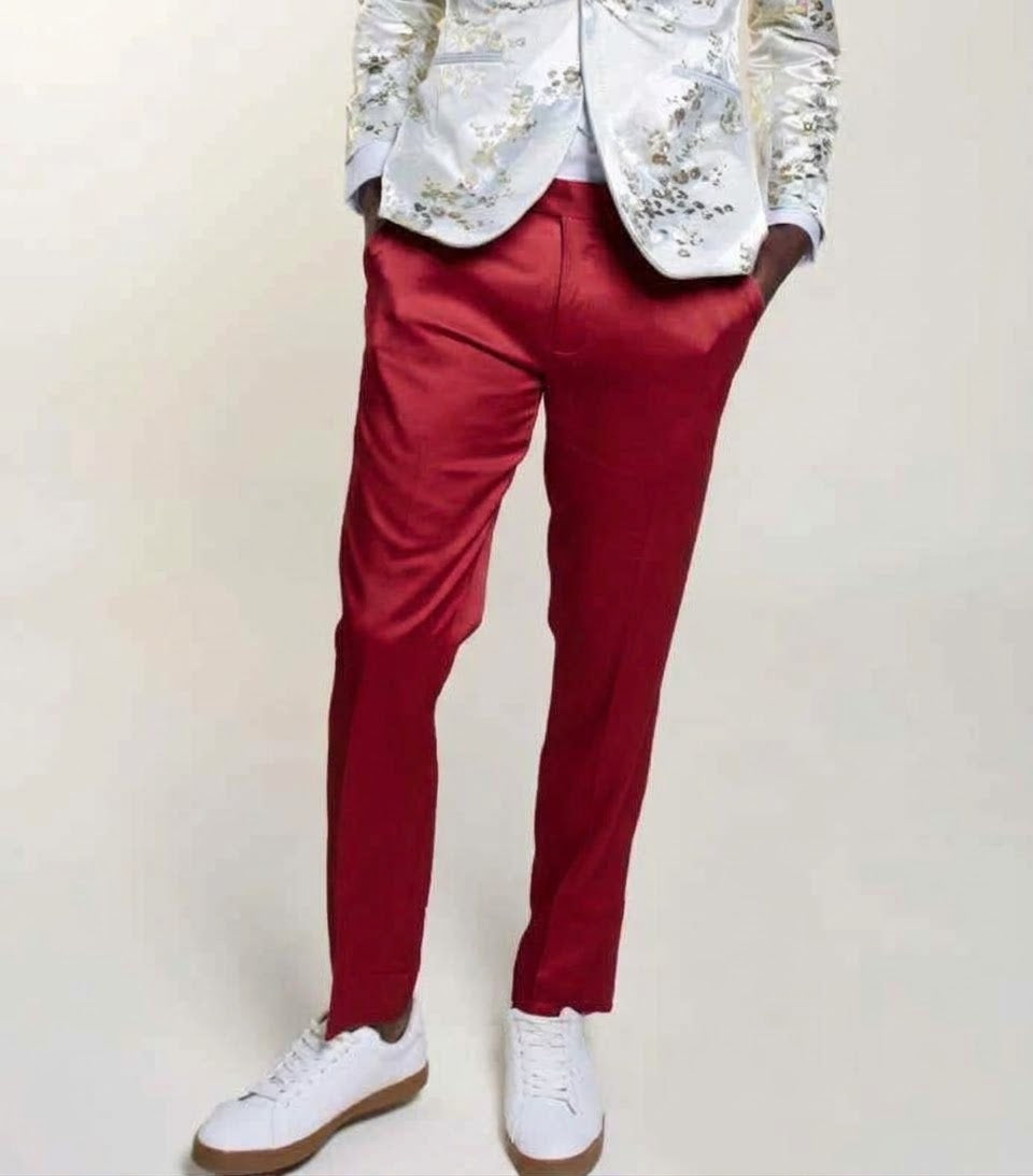 A close-up of the waistband and upper section of Inserch Stretch Satin Pants P3901-00030 Red, featuring belt loops, a button, and front pockets against a plain background.