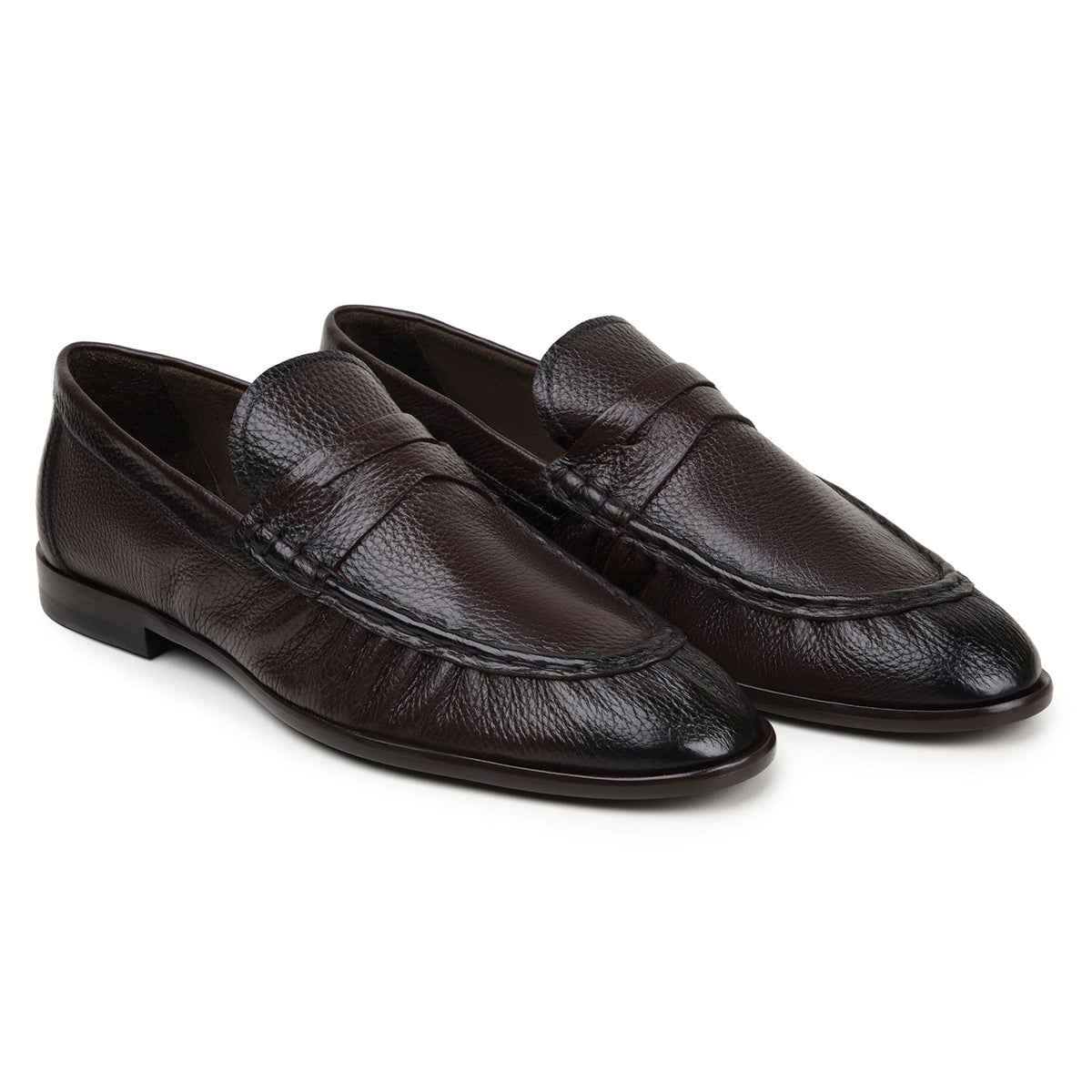 Pair of dark brown unlined deerskin Belvedere - Dario penny loafers made in Brazil.