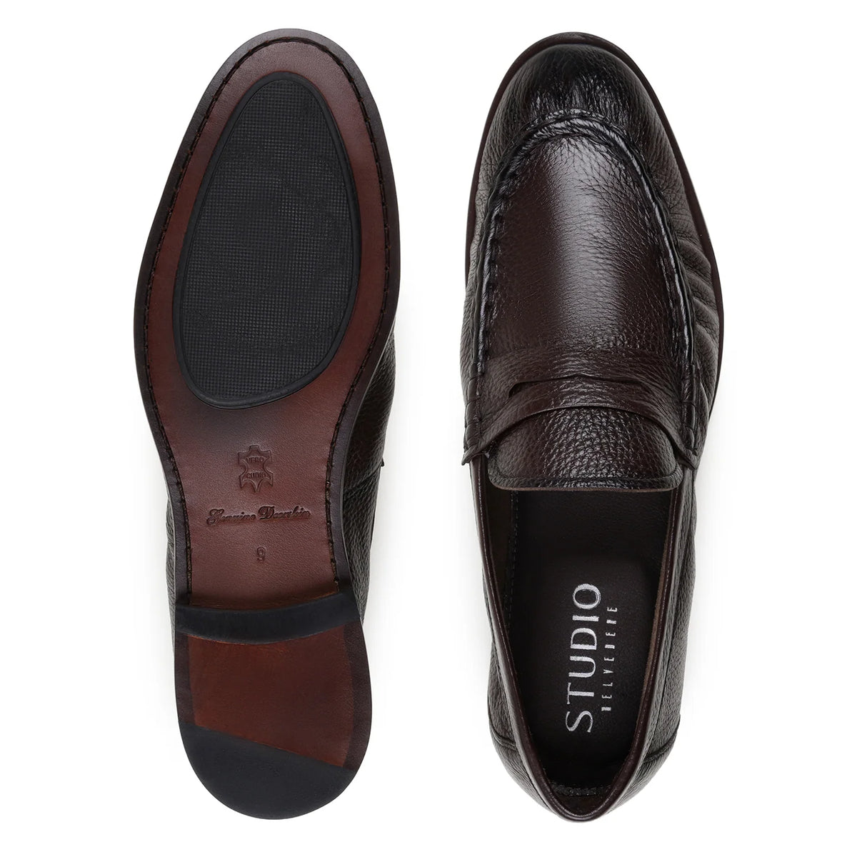 Pair of dark brown unlined deerskin Belvedere - Dario penny loafers made in Brazil.