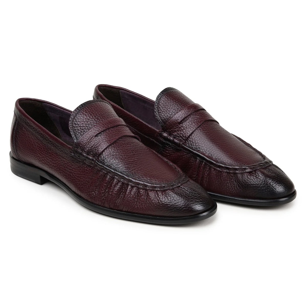 Belvedere - Dario, genuine burgundy deerskin penny loafers with a textured finish, stacked heel, and unlined leather construction made in Brazil.