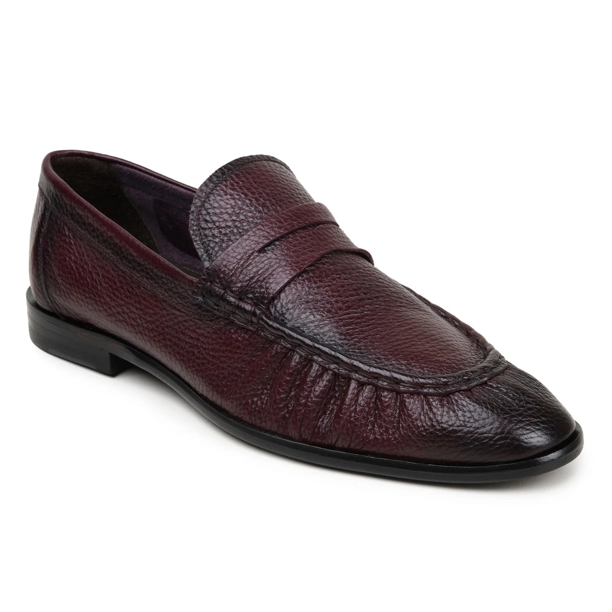 Belvedere - Dario, genuine burgundy deerskin penny loafers with a textured finish, stacked heel, and unlined leather construction made in Brazil.