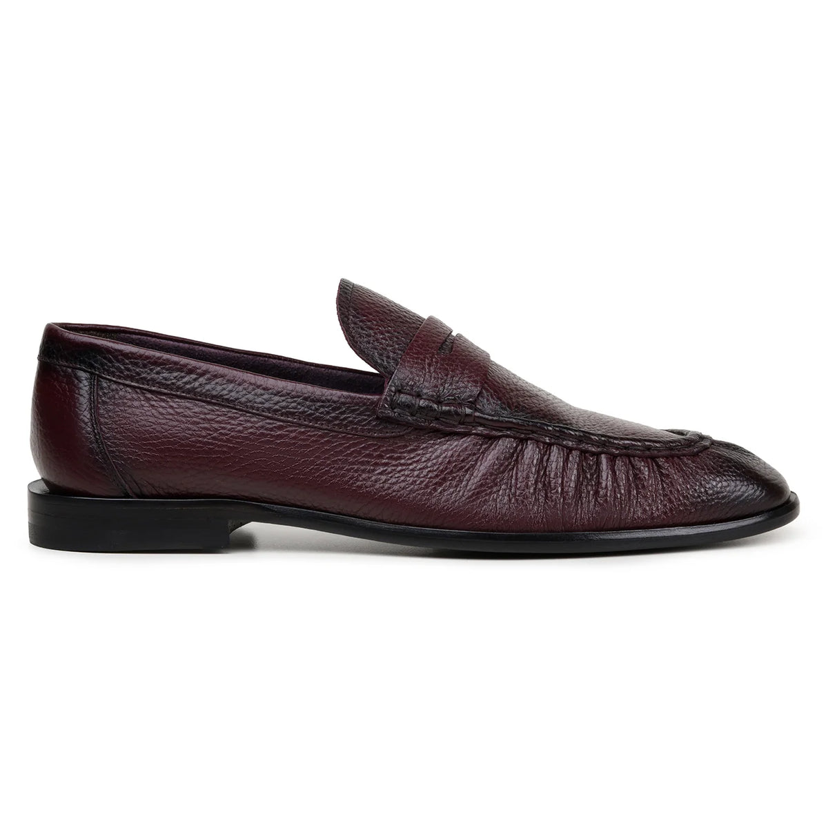 Belvedere - Dario, genuine burgundy deerskin penny loafers with a textured finish, stacked heel, and unlined leather construction made in Brazil.
