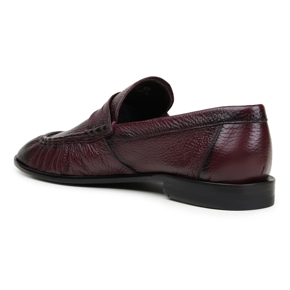 Belvedere - Dario, genuine burgundy deerskin penny loafers with a textured finish, stacked heel, and unlined leather construction made in Brazil.