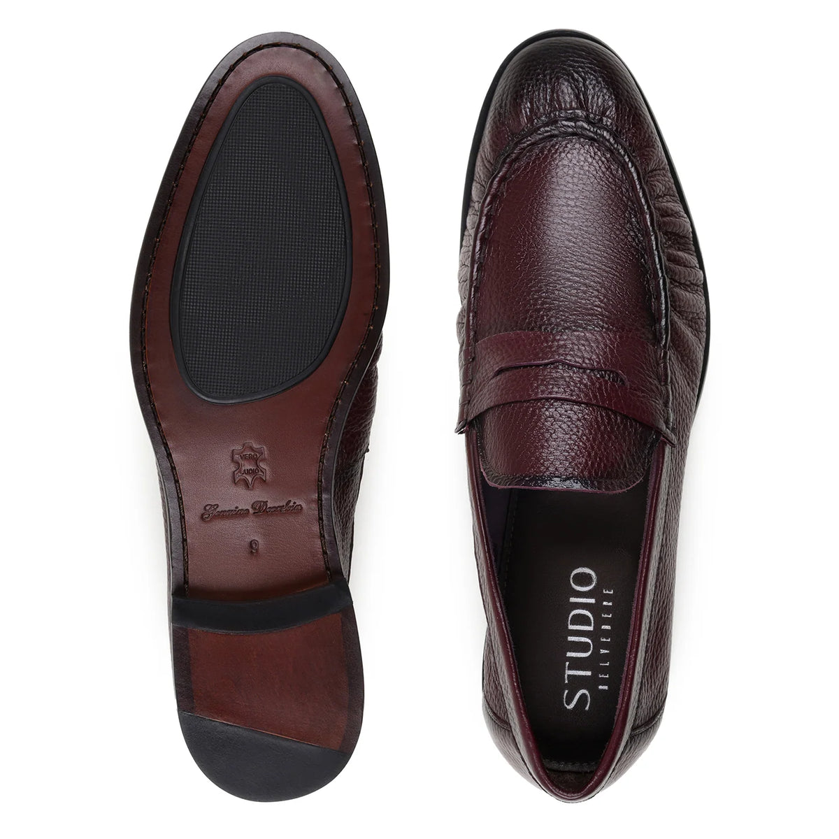 Belvedere - Dario, genuine burgundy deerskin penny loafers with a textured finish, stacked heel, and unlined leather construction made in Brazil.