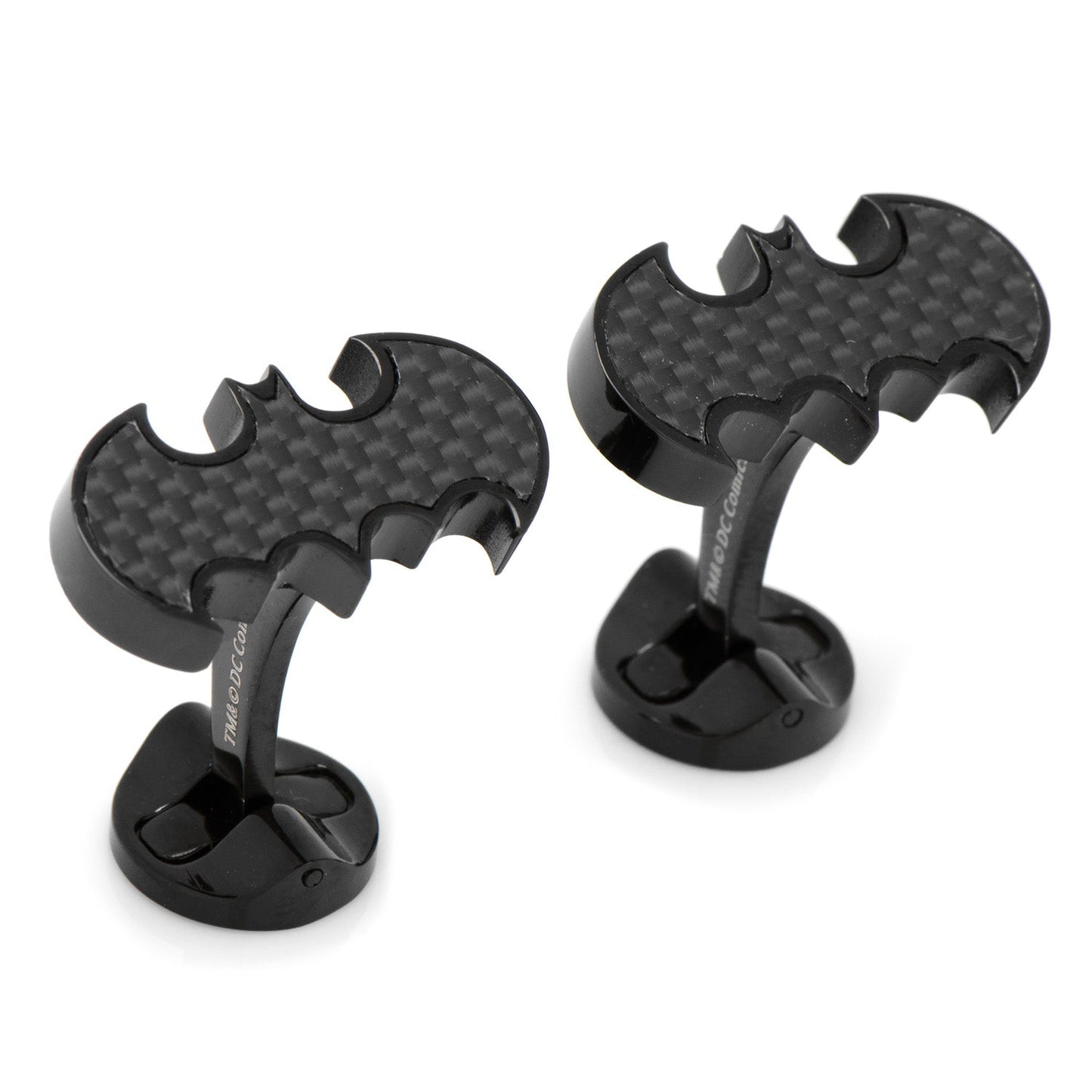 DC Batman Stainless Steel Carbon Fiber Cufflinks by Cufflinks.com feature the iconic black logo, crafted from stainless steel, with carbon fiber detailing and a DC Comics Originals stamp on the back.