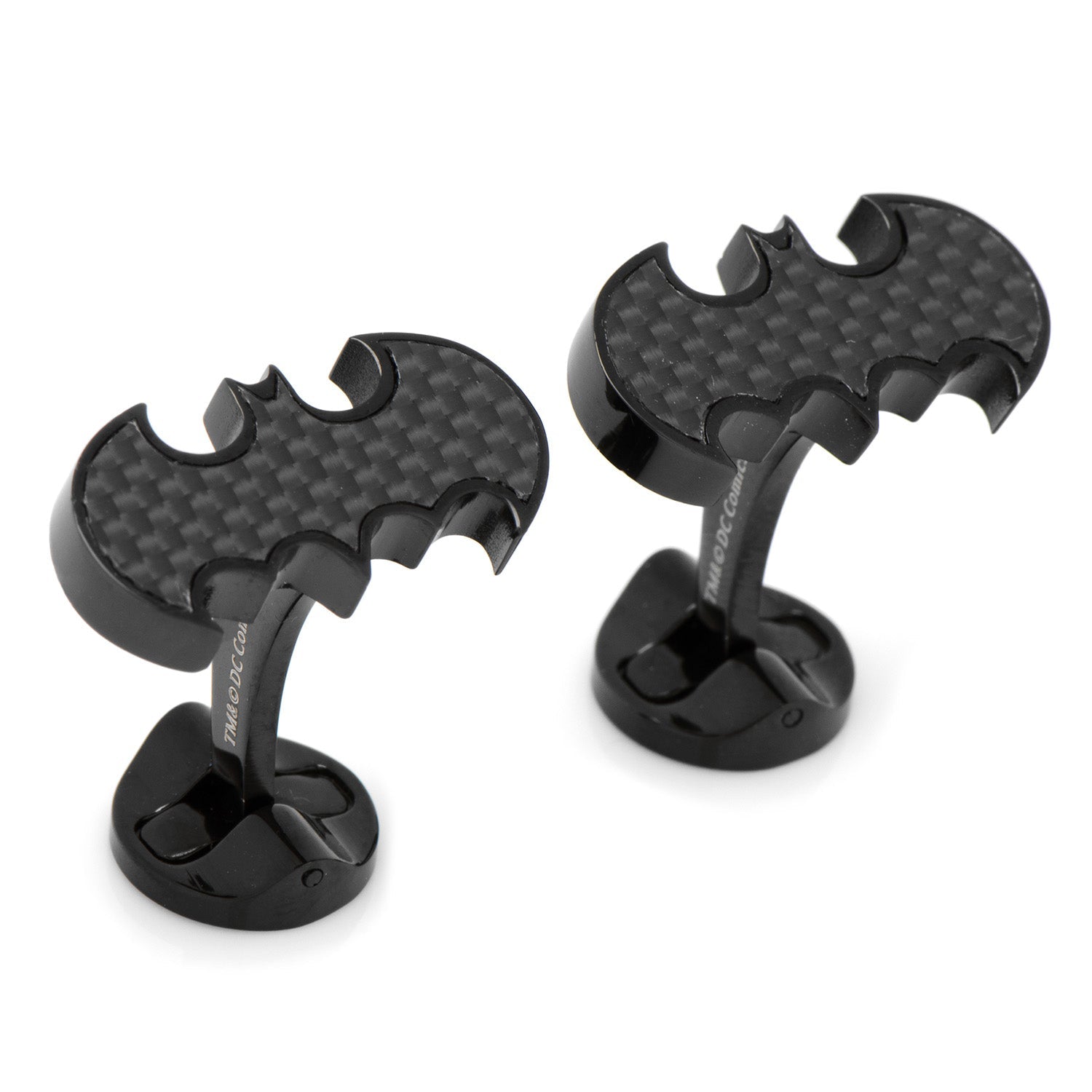 DC Batman Stainless Steel Carbon Fiber Cufflinks by Cufflinks.com feature the iconic black logo, crafted from stainless steel, with carbon fiber detailing and a DC Comics Originals stamp on the back.