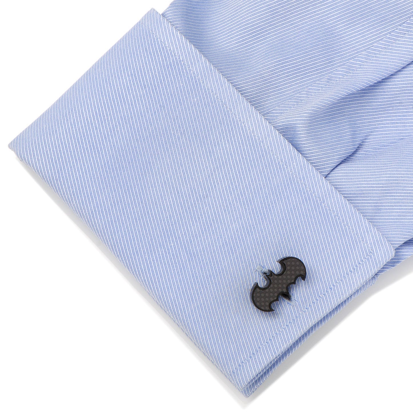 DC Batman Stainless Steel Carbon Fiber Cufflinks by Cufflinks.com feature the iconic black logo, crafted from stainless steel, with carbon fiber detailing and a DC Comics Originals stamp on the back.