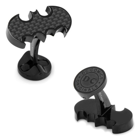 DC Batman Stainless Steel Carbon Fiber Cufflinks by Cufflinks.com feature the iconic black logo, crafted from stainless steel, with carbon fiber detailing and a DC Comics Originals stamp on the back.