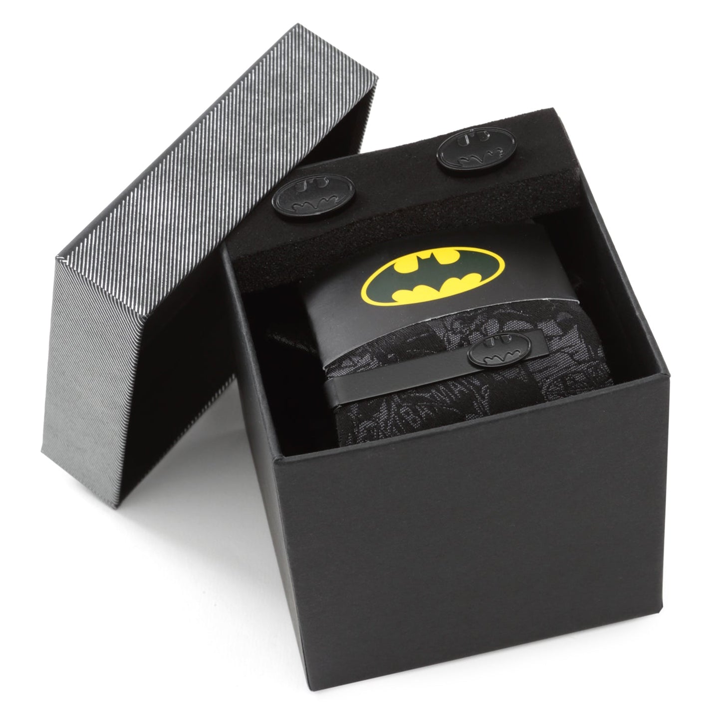 The DC Batman The Dark Knight Gift Set by Cufflinks.com includes a black Batman tie, tie clip, and cufflinks featuring iconic Batman logos and comic-style graphics.