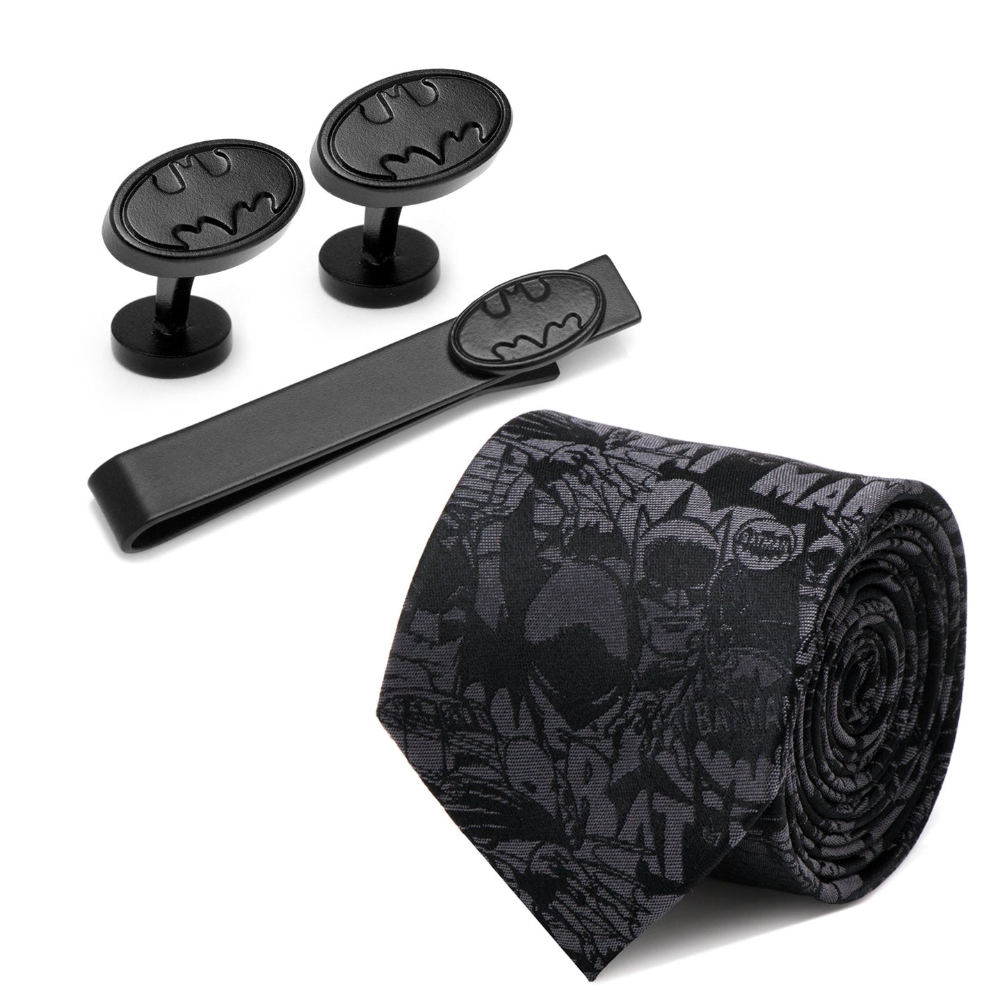 The DC Batman The Dark Knight Gift Set by Cufflinks.com includes a black Batman tie, tie clip, and cufflinks featuring iconic Batman logos and comic-style graphics.