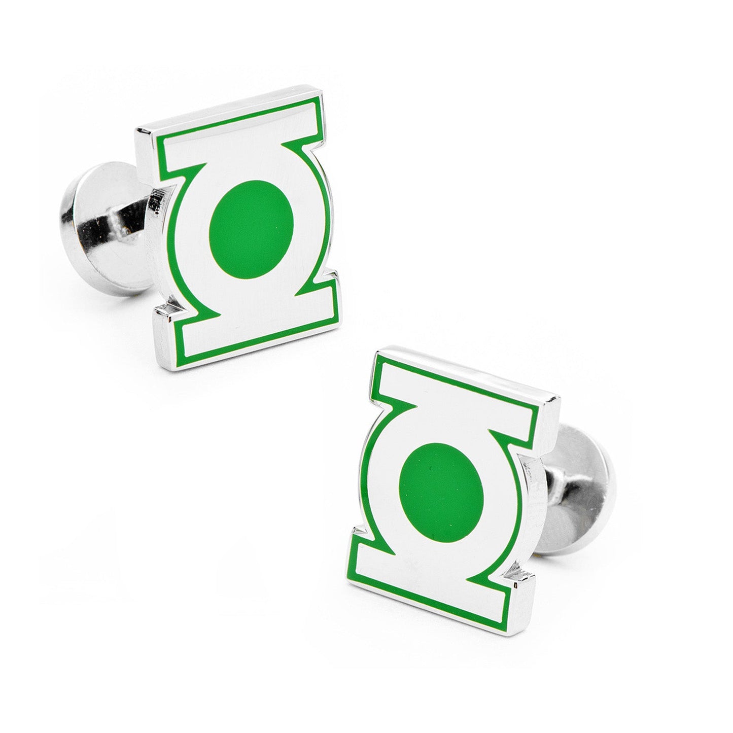The DC Green Lantern Symbol Cufflinks by Cufflinks.com feature silver-plated green and white logos, with the DC Comics Originals stamp and DC logo on the back of one cufflink.