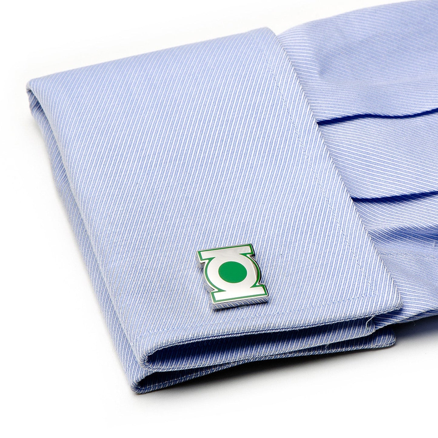 The DC Green Lantern Symbol Cufflinks by Cufflinks.com feature silver-plated green and white logos, with the DC Comics Originals stamp and DC logo on the back of one cufflink.