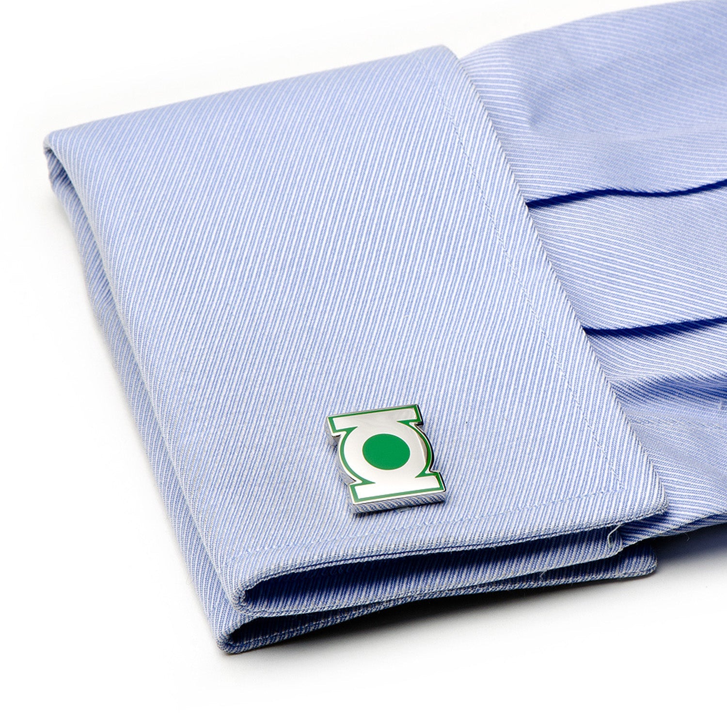 The DC Green Lantern Symbol Cufflinks by Cufflinks.com feature silver-plated green and white logos, with the DC Comics Originals stamp and DC logo on the back of one cufflink.