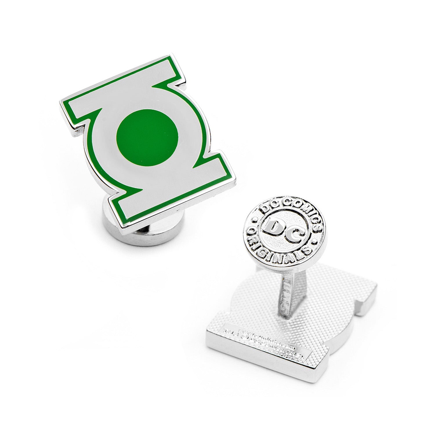 The DC Green Lantern Symbol Cufflinks by Cufflinks.com feature silver-plated green and white logos, with the DC Comics Originals stamp and DC logo on the back of one cufflink.
