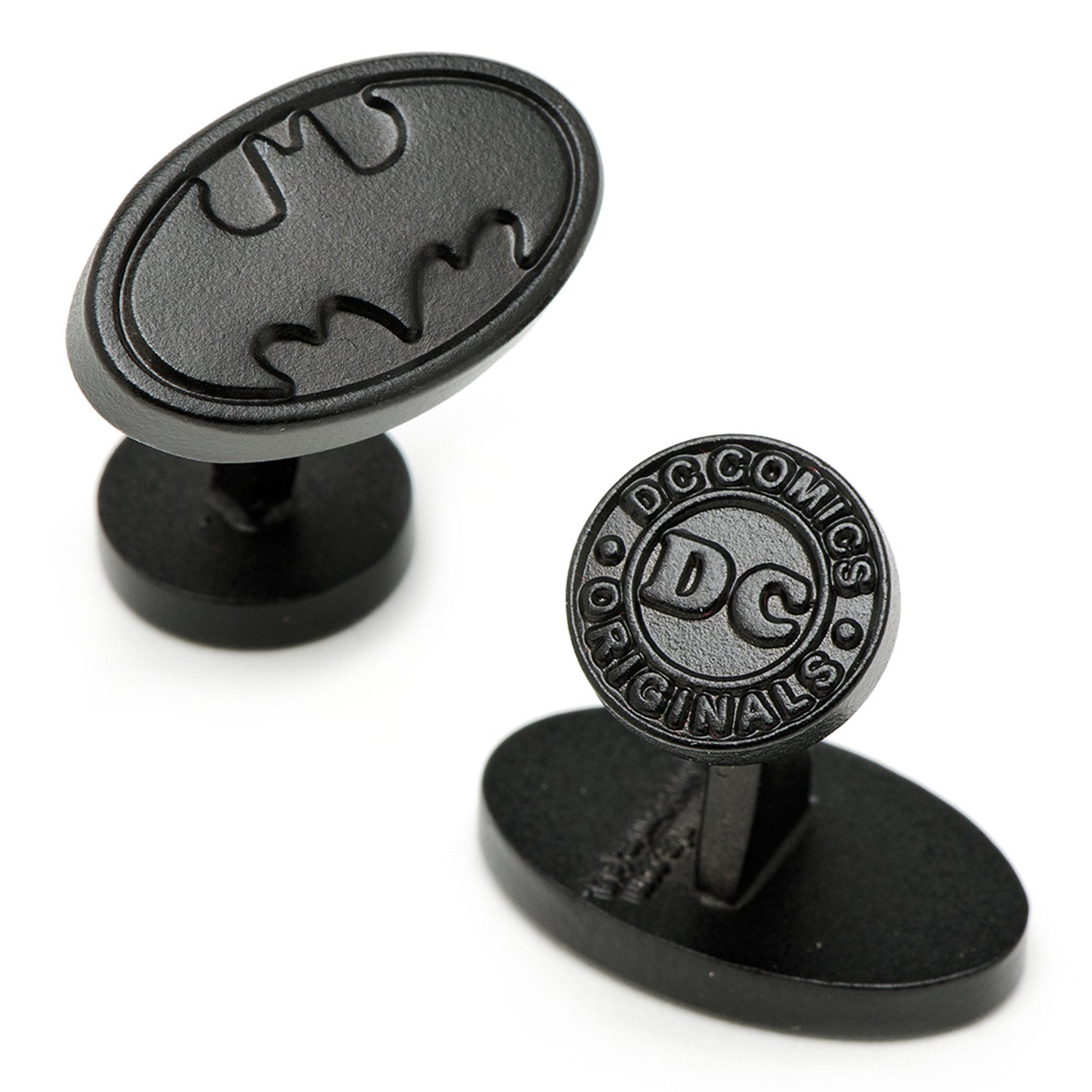 DC Batman Logo Satin Black Cufflinks by Cufflinks.com feature the iconic emblem on one cufflink and the "DC COMICS ORIGINALS" logo on the other—perfect for true DC Comics fans.
