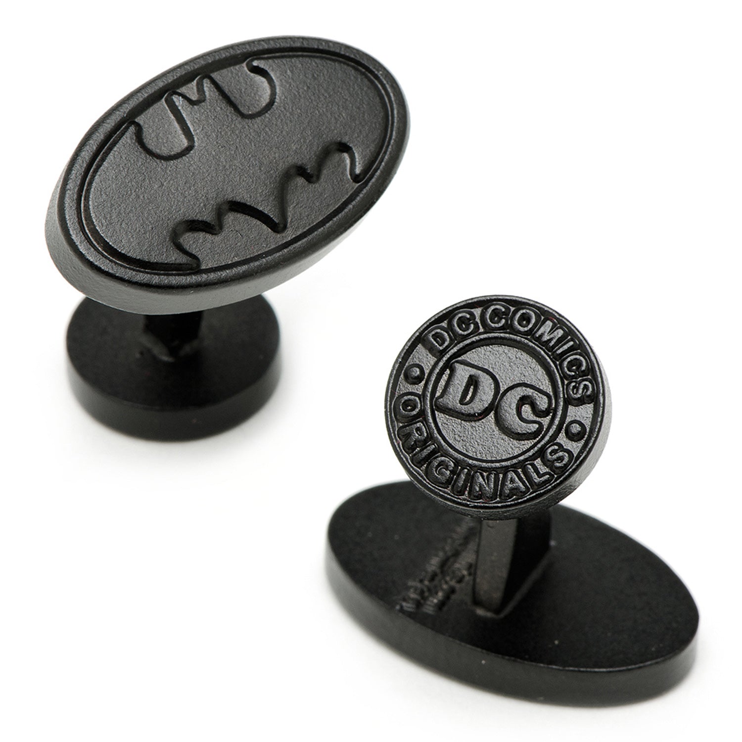 The DC Batman Satin Black Cufflinks and Tie Bar Gift Set from Cufflinks.com features an embossed Batman logo—a stylish tribute to DC Comics.