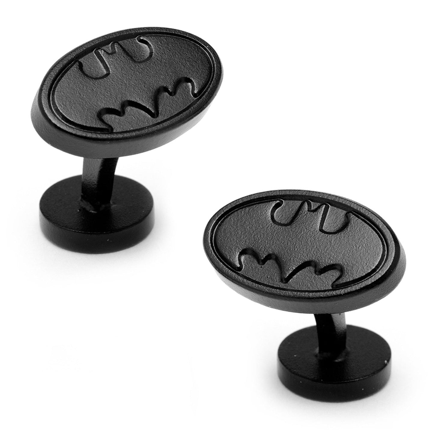 The DC Batman Satin Black Cufflinks and Tie Bar Gift Set from Cufflinks.com features an embossed Batman logo—a stylish tribute to DC Comics.