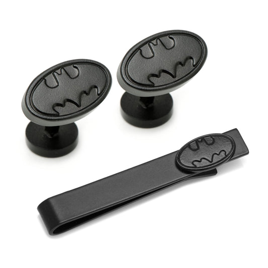 The DC Batman Satin Black Cufflinks and Tie Bar Gift Set from Cufflinks.com features an embossed Batman logo—a stylish tribute to DC Comics.
