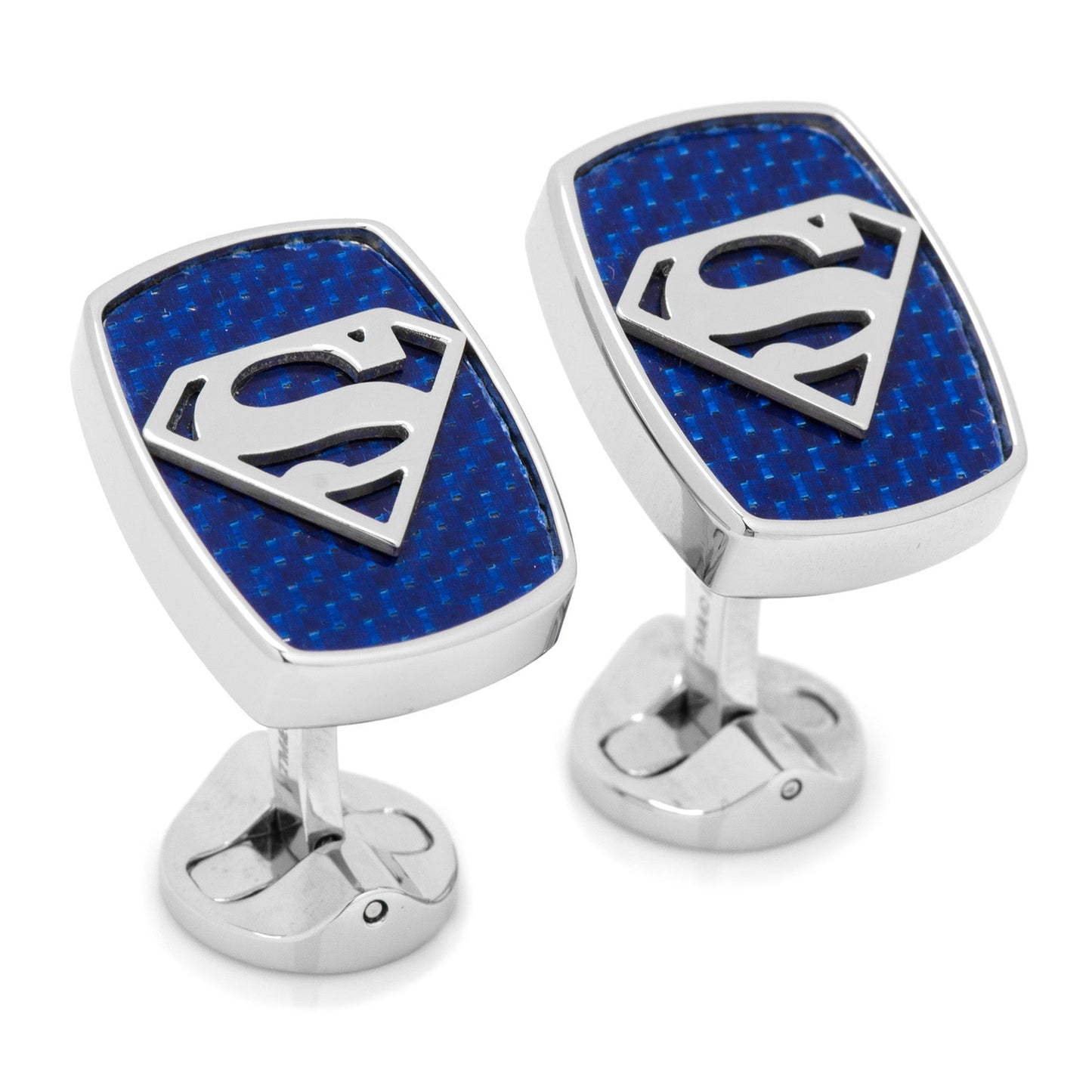 DC Superman Stainless Steel Carbon Fiber Cufflinks by Cufflinks.com feature the classic "S" logo on a blue carbon fiber background, with "DC Comics Originals" engraved on the back of the post.