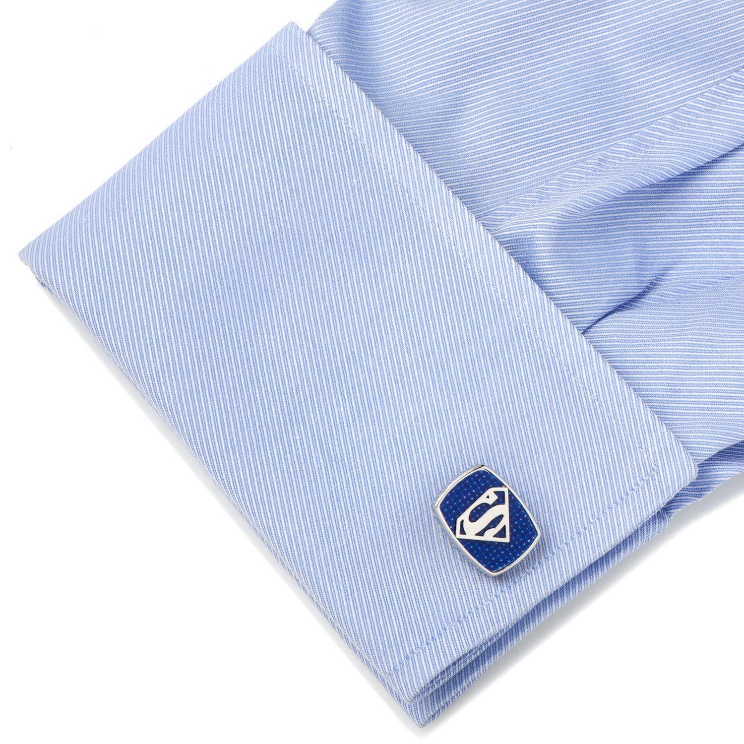 DC Superman Stainless Steel Carbon Fiber Cufflinks by Cufflinks.com feature the classic "S" logo on a blue carbon fiber background, with "DC Comics Originals" engraved on the back of the post.