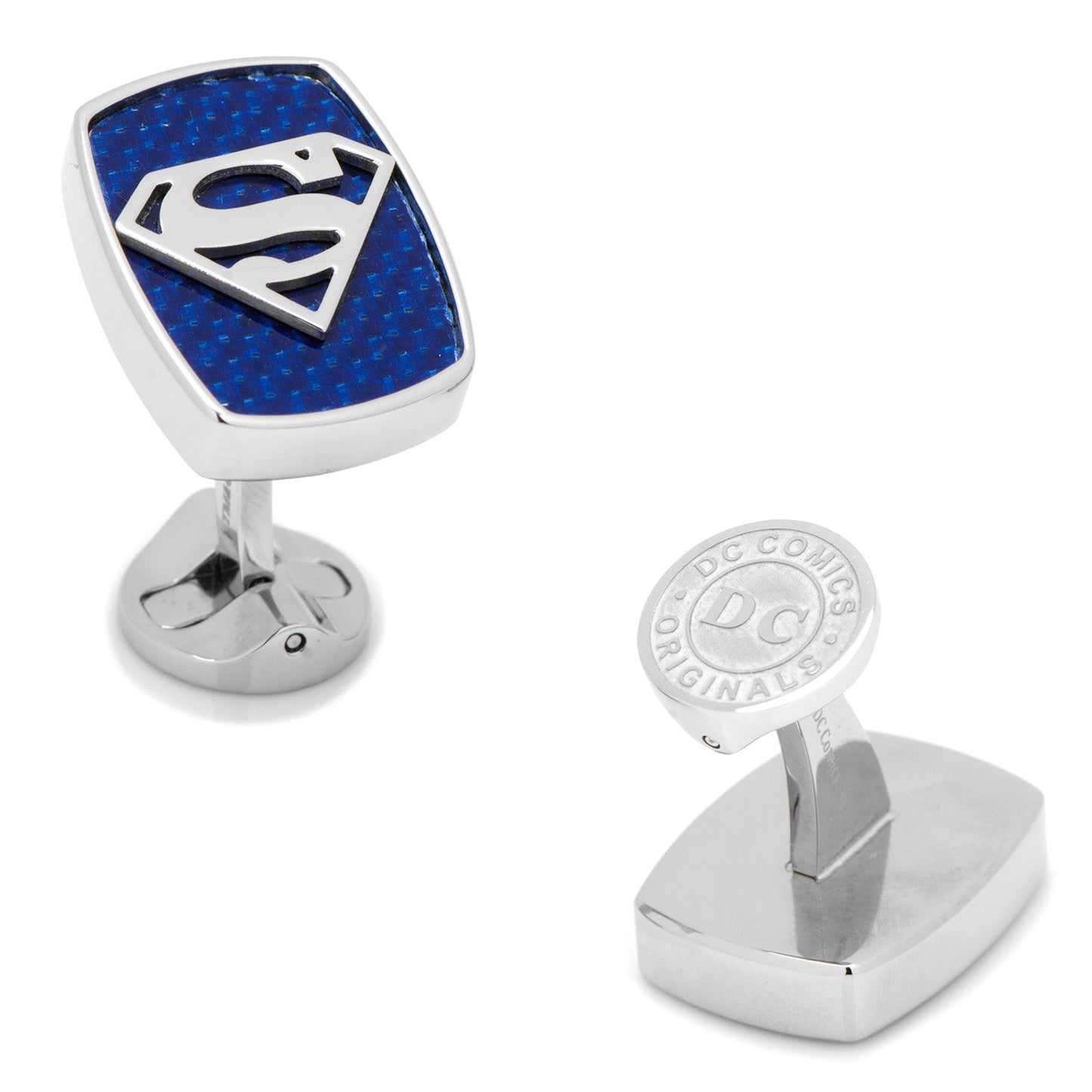 DC Superman Stainless Steel Carbon Fiber Cufflinks by Cufflinks.com feature the classic "S" logo on a blue carbon fiber background, with "DC Comics Originals" engraved on the back of the post.