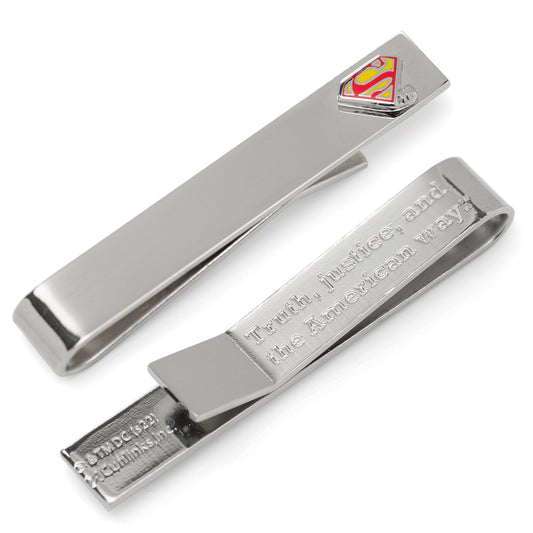 Add hero flair to your look with the DC Superman Hidden Message Silver Tie Bar by Cufflinks.com—featuring the iconic red and yellow logo and an engraving of "Truth, Justice, and the American Way." Perfect for any DC Comics fan.