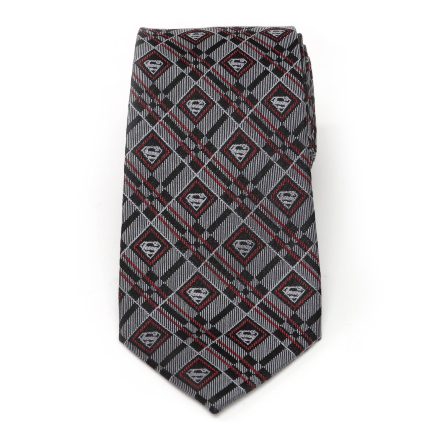 The DC Superman Geometric Gray Silk Men's Tie by Cufflinks.com is a rolled-up silk tie featuring a geometric plaid pattern with diamond-shaped accents in gray.