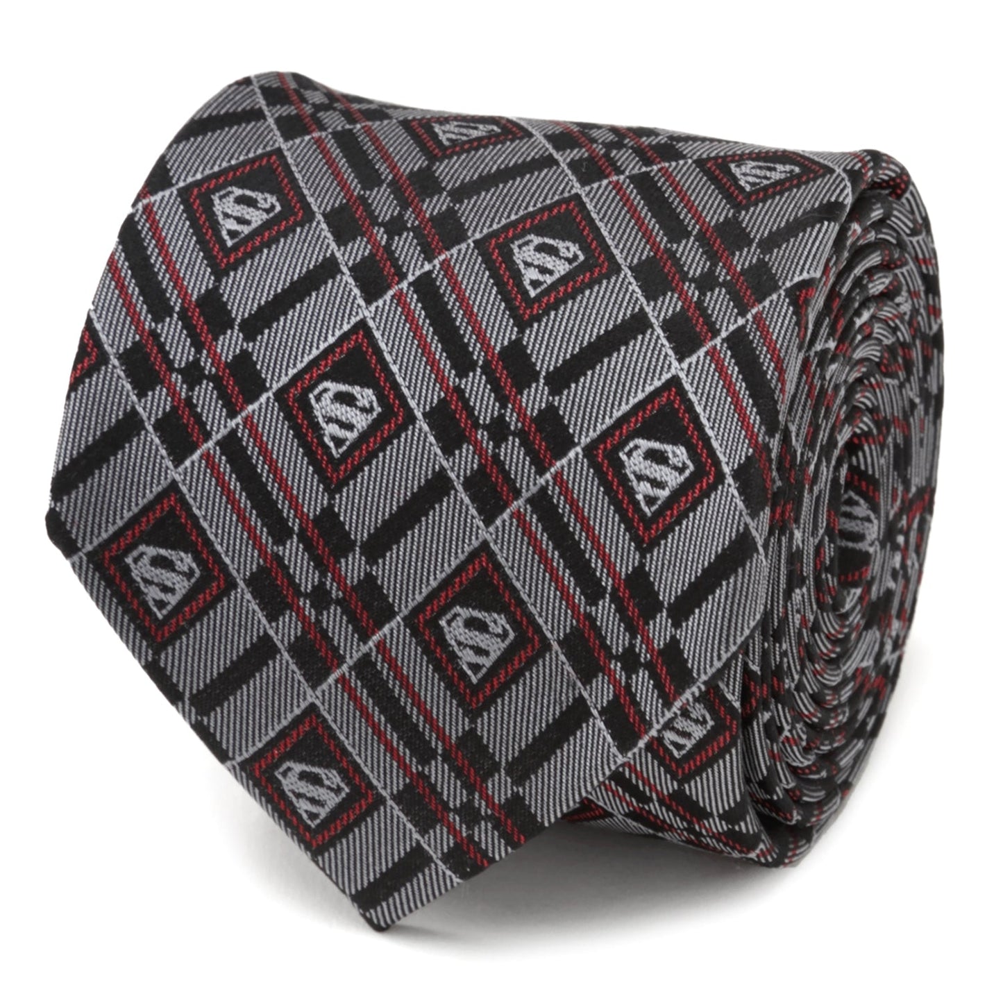 The DC Superman Geometric Gray Silk Men's Tie by Cufflinks.com is a rolled-up silk tie featuring a geometric plaid pattern with diamond-shaped accents in gray.