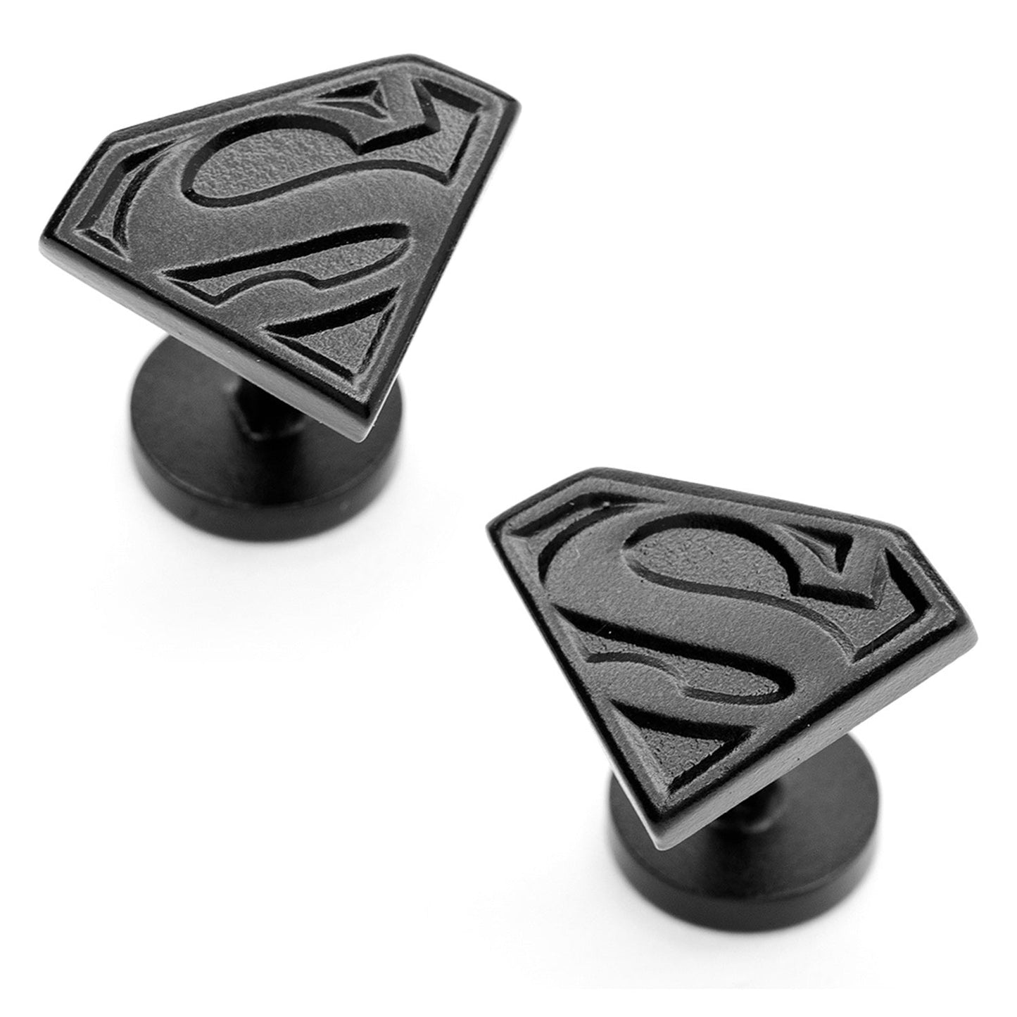 The DC Superman Shield Satin Black Cufflinks by Cufflinks.com feature one cufflink with the iconic Superman "S" shield and the other with the classic DC logo, both in a sleek black finish.