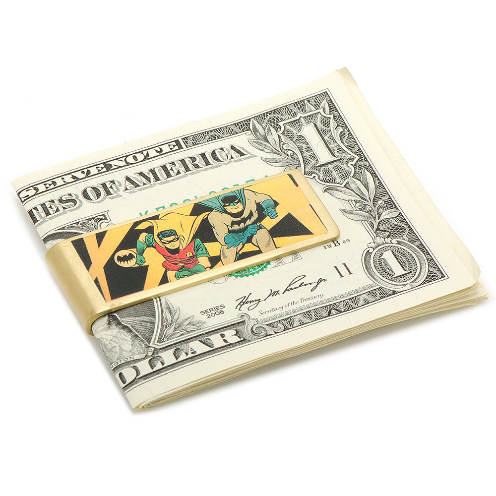 The DC Batman and Robin Vintage Money Clip by Cufflinks.com features a classic comic book illustration of Batman and Robin in an antique gold finish.