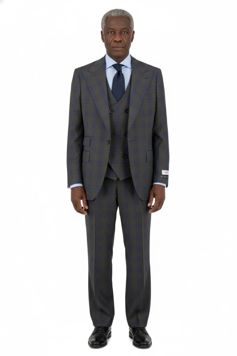 The Tiglio Rosso Orvietto suit features a brown/cobalt plaid design in 100% wool, with a blazer, double-breasted vest, and semi wide-leg trousers—a classic three-piece look from Tiglio Rosso.