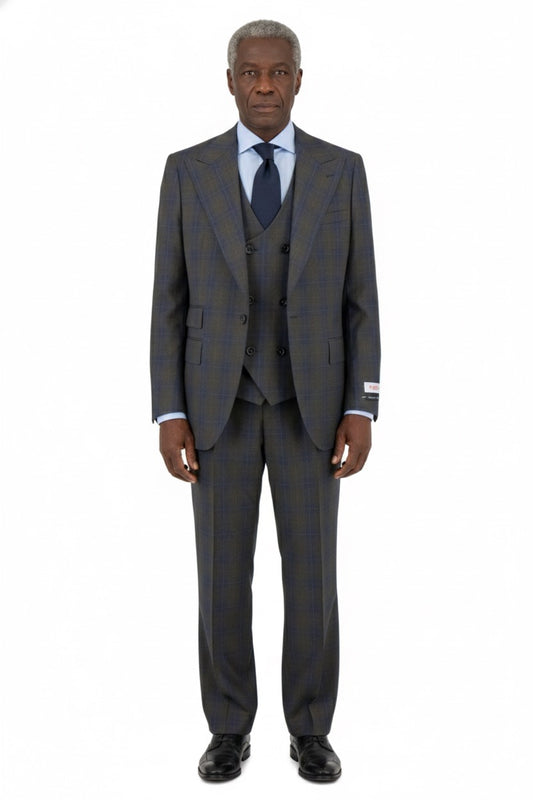 The Tiglio Rosso Orvietto suit features a brown/cobalt plaid design in 100% wool, with a blazer, double-breasted vest, and semi wide-leg trousers—a classic three-piece look from Tiglio Rosso.