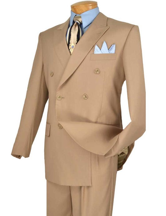 On display, a Vinci Suits Regular Fit Double Breasted 2 Piece Suit in Beige F-DC900 is paired with a light blue shirt, floral tie, and matching pocket square.