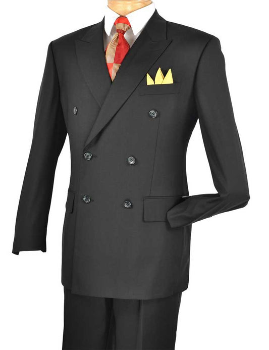 The mannequin displays a wrinkle-resistant Vinci Suits black double-breasted suit (Regular Fit Double Breasted 2 Piece Suit with Flexible Elastic Waistband Black F-DC900) paired with a striking red tie and vibrant yellow pocket square, epitomizing timeless elegance and polished style.