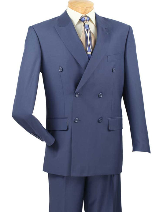 A Vinci Suits Regular Fit Double Breasted 2 Piece Suit with Flexible Elastic Waistband in blue (F-DC900) is displayed on a mannequin, highlighting its wrinkle-resistant fabric paired with a light dress shirt and patterned tie.