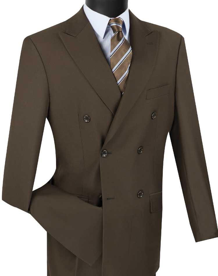 A Vinci Suits mannequin elegantly showcases the Regular Fit Double Breasted 2 Piece Suit with Flexible Elastic Waistband in Brown (F-DC900), paired with a white shirt and brown striped tie.